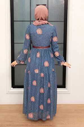 Çiçek Desenli İndigo Mavisi Tesettür Elbise 1216IM
