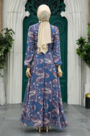 Çiçek Desenli İndigo Mavisi Tesettür Elbise 279081IM