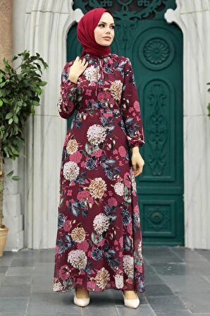 Çiçek Desenli Bordo Tesettür Elbise 279083BR