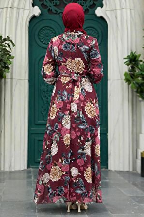Çiçek Desenli Bordo Tesettür Elbise 279083BR