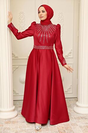Boncuk İşlemeli Bordo Saten Tesettür Abiye Elbise 22840BR