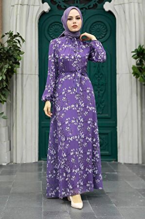 Çiçek Desenli Lila Tesettür Elbise 279048LILA