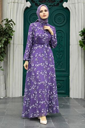 Çiçek Desenli Lila Tesettür Elbise 279048LILA