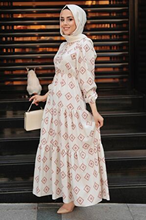 Desenli Koyu Somon Tesettür Elbise 10229KSMN