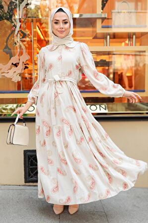 Desenli Somon Tesettür Elbise 10302SMN