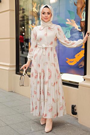 Desenli Somon Tesettür Elbise 10302SMN