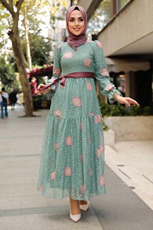 Çiçek Desenli Çağla Yeşili Tesettür Elbise 1216CY