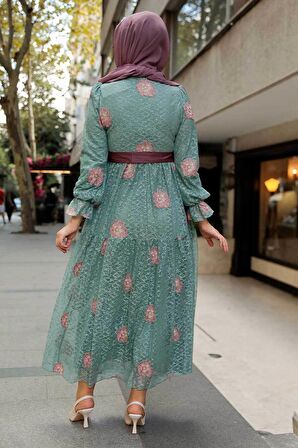 Çiçek Desenli Çağla Yeşili Tesettür Elbise 1216CY