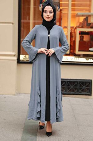 Fırfır Detaylı Gri Tesettür Abaya 1535GR