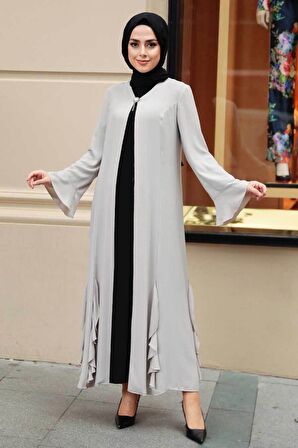 Fırfır Detaylı Bej Tesettür Abaya 1535BEJ