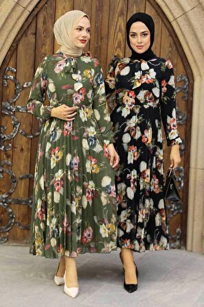 Çiçek Desenli Siyah Tesettür Elbise 50191S