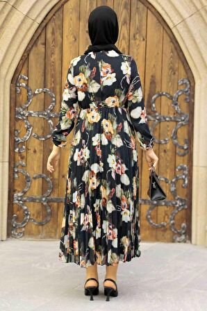 Çiçek Desenli Siyah Tesettür Elbise 50191S