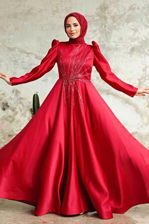 Boncuk İşlemeli Bordo Saten Tesettür Abiye 2265BR