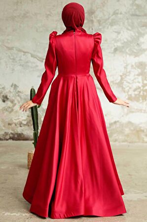 Boncuk İşlemeli Bordo Saten Tesettür Abiye 2265BR