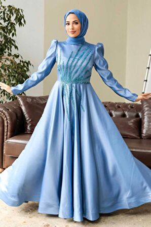 Boncuk İşlemeli İndigo Mavisi Saten Tesettür Abiye 2265IM