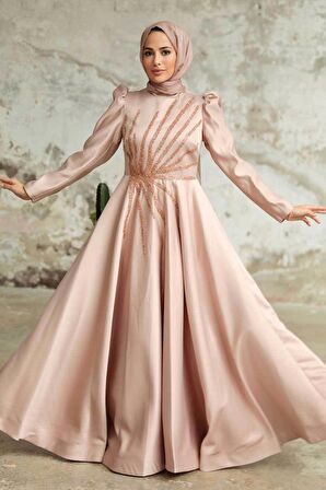 Boncuk İşlemeli Vizon Saten Tesettür Abiye 2265V