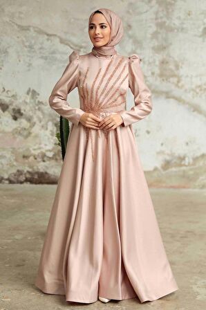 Boncuk İşlemeli Vizon Saten Tesettür Abiye 2265V