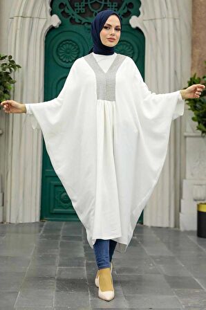 Neva Style - Yarasa Kol Ekru Tesettür Tunik 8654E