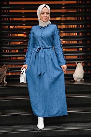 Kolları Fırfır Detaylı İndigo Mavisi Tesettür Elbise 3434IM