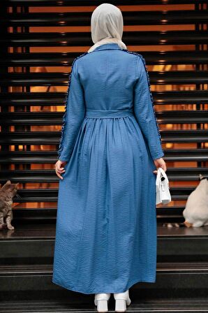 Kolları Fırfır Detaylı İndigo Mavisi Tesettür Elbise 3434IM