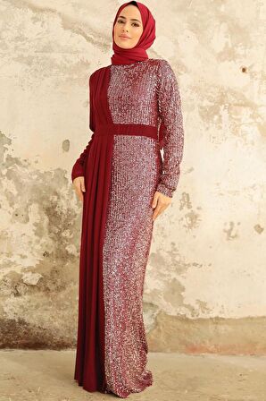 Pul Payetli Bordo Tesettür Abiye Elbise 25851BR