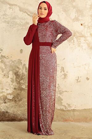 Pul Payetli Bordo Tesettür Abiye Elbise 25851BR