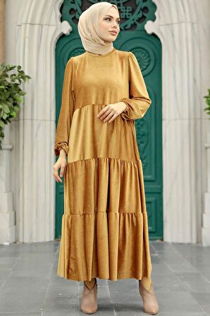 Kat Piliseli Camel Tesettür Kadife Elbise 1286C