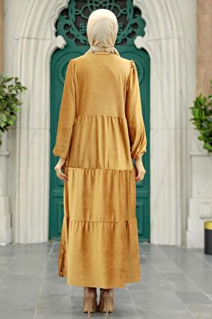 Kat Piliseli Camel Tesettür Kadife Elbise 1286C