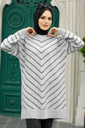 Çizgili Gri Tesettür Triko Kazak 81861GR