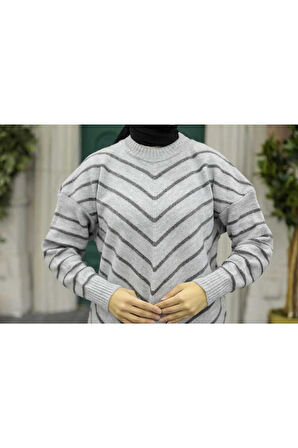 Çizgili Gri Tesettür Triko Kazak 81861GR