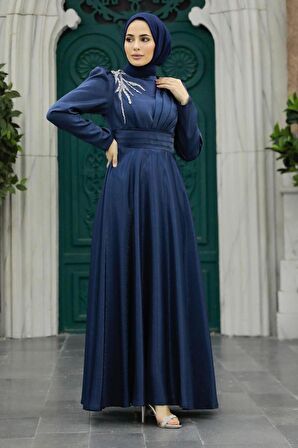 Saten Lacivert Tesettür Abiye Elbise 22301L