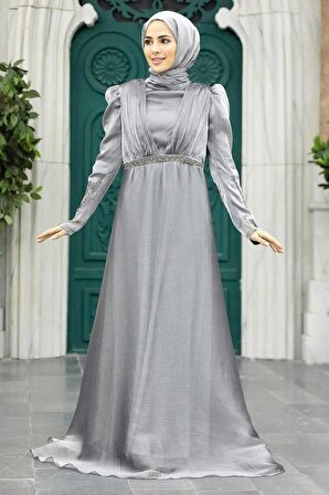 Boncuk İşlemeli Füme Tesettür Abiye Elbise 25854FU