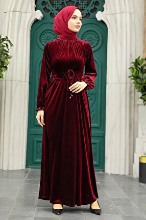Neva Style - Bordo Tesettür Kadife Elbise 36921BR