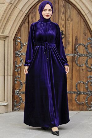Neva Style - Mor Tesettür Kadife Elbise 36921MOR