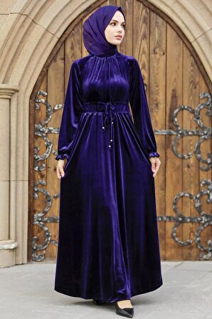 Neva Style - Mor Tesettür Kadife Elbise 36921MOR