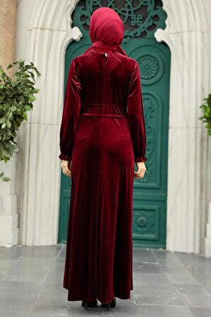 Neva Style - Kemerli Bordo Tesettür Kadife Elbise 36971BR