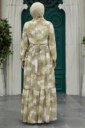 Desenli Bej Tesettür Elbise 33560BEJ