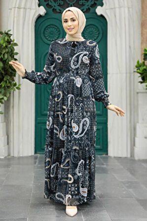 Desenli Siyah Tesettür Elbise 33561S