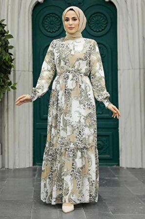 Desenli Bej Tesettür Elbise 33562BEJ