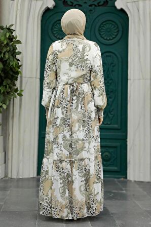 Desenli Bej Tesettür Elbise 33562BEJ
