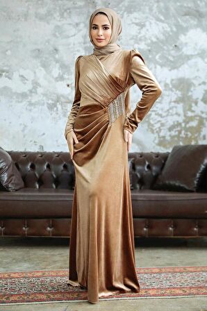 Drape Detaylı Bisküvi Tesettür Kadife Elbise 36891BS