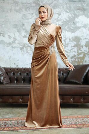 Drape Detaylı Bisküvi Tesettür Kadife Elbise 36891BS