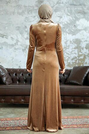 Drape Detaylı Bisküvi Tesettür Kadife Elbise 36891BS