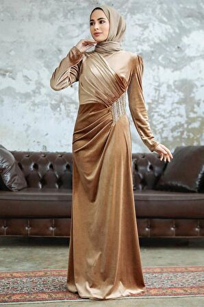 Drape Detaylı Bisküvi Tesettür Kadife Elbise 36891BS