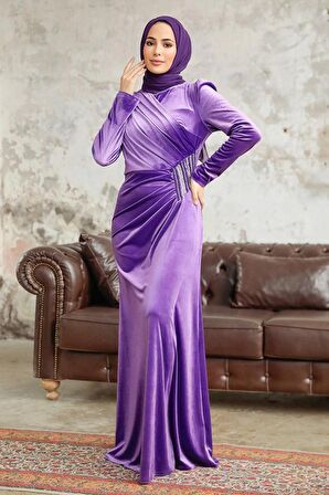 Drape Detaylı Koyu Lila Tesettür Kadife Abiye Elbise 36891KLILA