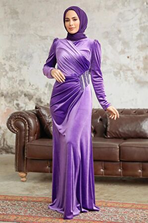 Drape Detaylı Koyu Lila Tesettür Kadife Abiye Elbise 36891KLILA