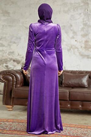 Drape Detaylı Koyu Lila Tesettür Kadife Abiye Elbise 36891KLILA