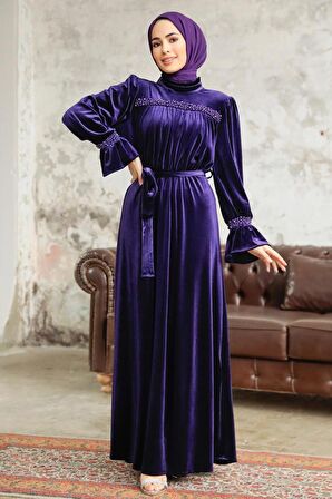 Neva Style - Kemerli Mor Tesettür Kadife Elbise 37291MOR