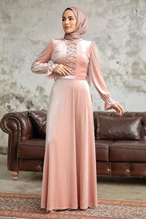 Neva Style - İnci Detaylı Somon Tesettür Kadife Elbise 37091SMN
