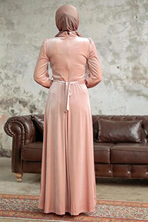 Neva Style - İnci Detaylı Somon Tesettür Kadife Elbise 37091SMN